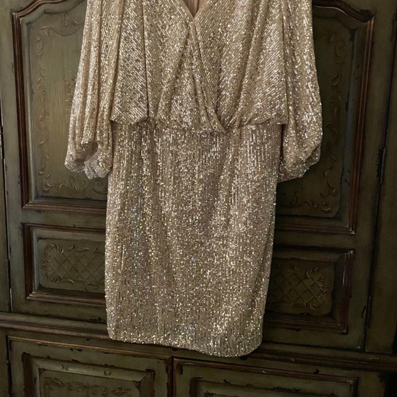 Eliza J 20W Silver shimmer sequin cocktail dress with blouson sleeve - Picture 2 of 4
